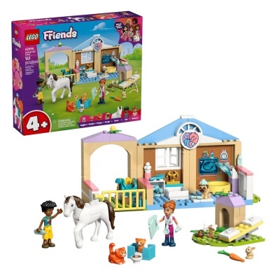 Conjunto LEGO Friends Animal Vet Clinic com peças e figuras veterinárias coloridas.