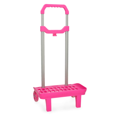 Carrinho de transporte rosa com estrutura metálica e rodas