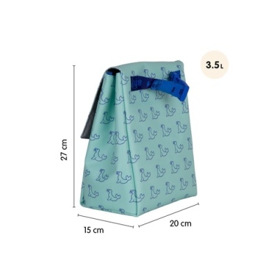 Saco térmico azul claro com padrão de patos e alça azul escura