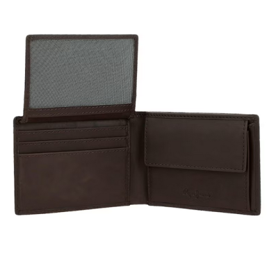 Carteira masculina em pele castanha escura com vários compartimentos aberta