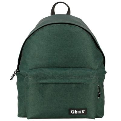 Mochila verde escura com bolso frontal e etiqueta Ghuts