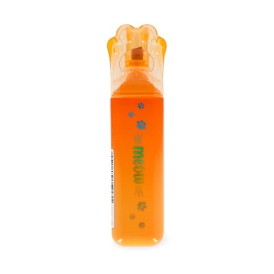 Frasco plástico laranja com tampa em forma de pata de gato e texto meow