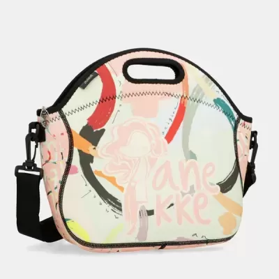 Bolsa de ombro colorida com padrão abstrato e logótipo