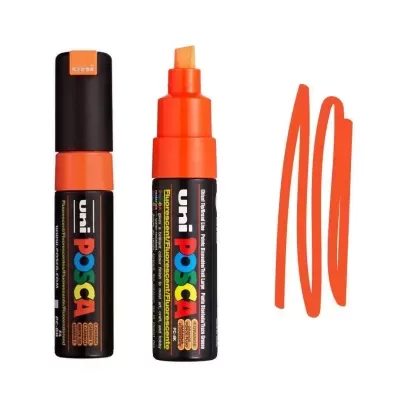 Marcador Uni Posca laranja com tampa preta e linha desenhada