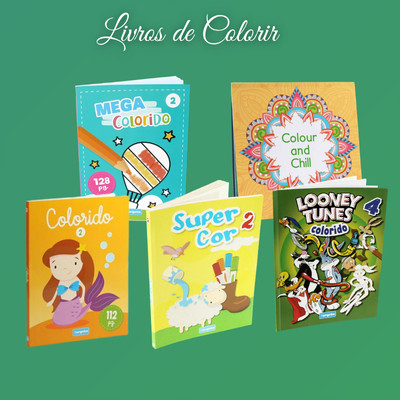 Cinco livros de colorir com capas coloridas em cima de fundo verde.