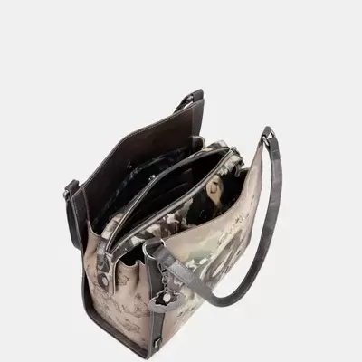 Mala de mão castanha e bege com vários compartimentos