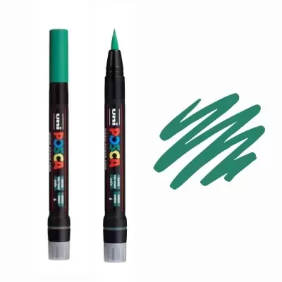 Marcador Uni POSCA com tinta verde e exemplo de traço