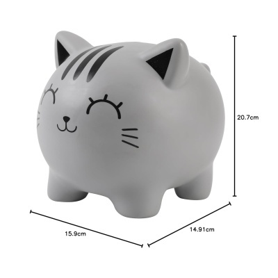 Cofre cinzento em forma de gato com detalhes pretos e dimensões marcadas.