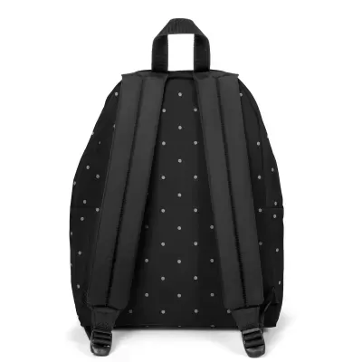 Mochila preta com padrão de pontos brancos vista de costas.