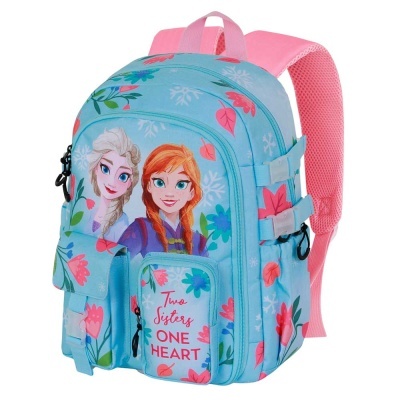 Mochila azul clara com personagens femininas e flores coloridas, alças rosas acolchoadas.