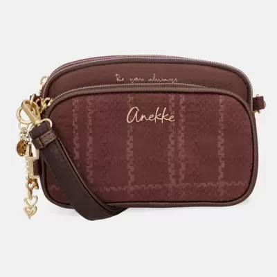 Bolsa pequena castanha Anekke com textura quadriculada e detalhes dourados