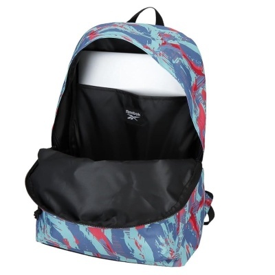Mochila Reebok azul, vermelho e cinza com interior preto aberta