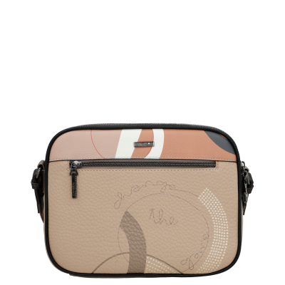 Mala de ombro rectangular bege com padrão abstrato e texto change the game