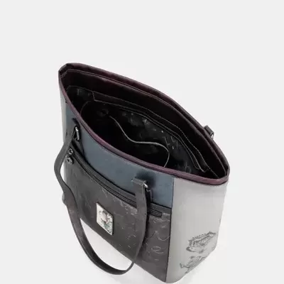 Mala de ombro bicolor azul e cinza com alças pretas e bolso frontal