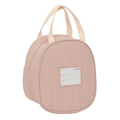 Mala rosa clara com pegas beige e bolso frontal transparente