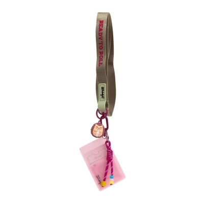 Lanyard bege com chaveiro ouriço e porta-cartões rosa
