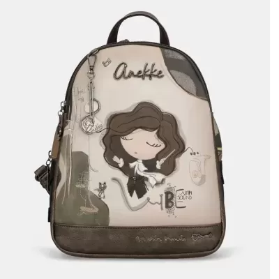 Mochila pequena bege e castanha com ilustração e chaveiro metal Anekke