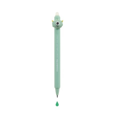 Caneta verde com enfeite de monstro e texto ERASABLE PEN | DONT TURN OFF THE LIGHT