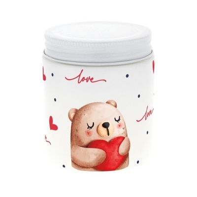 Frasco branco com desenho de urso a abraçar coração vermelho e texto love