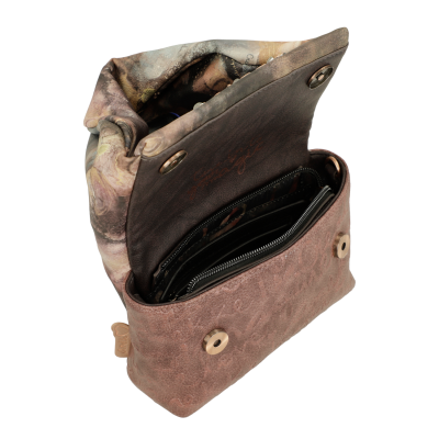 Bolsa pequena castanha com interior estampado aberta