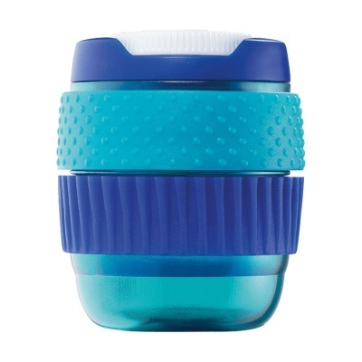 Recipiente plástico azul com tampa e texturas antiderrapantes