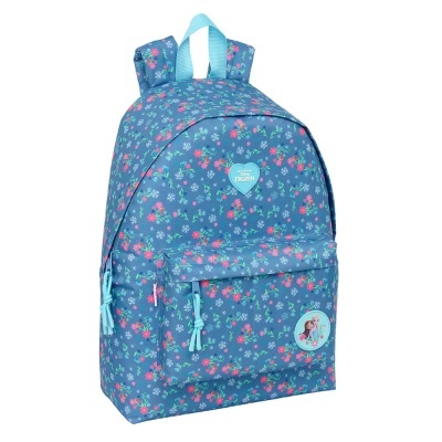 Mochila azul com padrão floral e distintivo Frozen