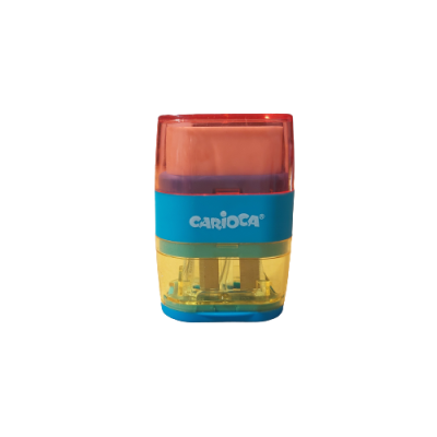 Apontador de lápis de cor colorido com tampa vermelha e corpo azul e amarelo