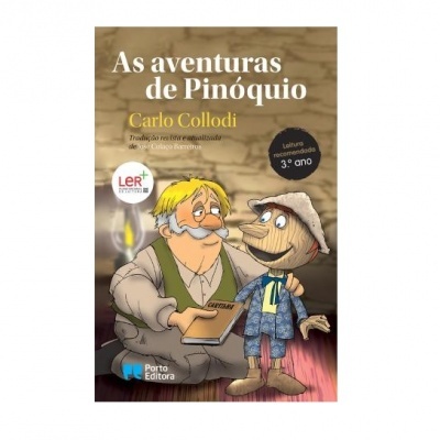 Capa do livro As aventuras de Pinóquio com ilustração de homem e Pinóquio