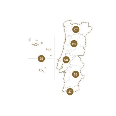 Mapa de Portugal com números em círculos castanhos em diferentes regiões