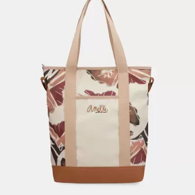 Mala tote floral rosa, castanha e bege com alças largas e bolso frontal com texto Anekke