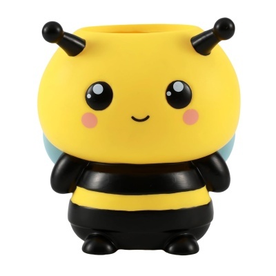 Vaso decorativo em forma de abelha com corpo amarelo e preto e asas azuis