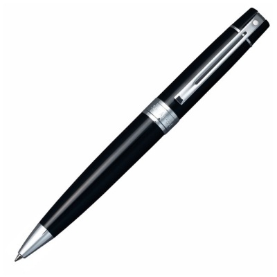 Caneta esferográfica preta com detalhes prateados