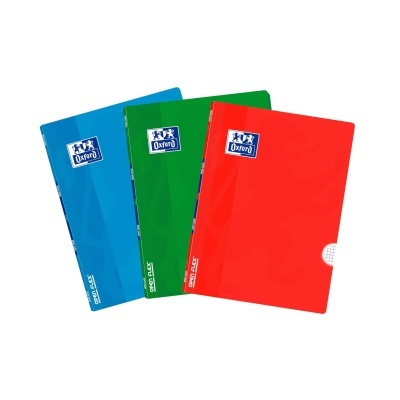 Três cadernos Oxford coloridos em fundo branco