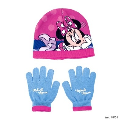 Gorro rosa com imagem da Minnie Mouse e luvas azuis claras com texto Minnie Mouse