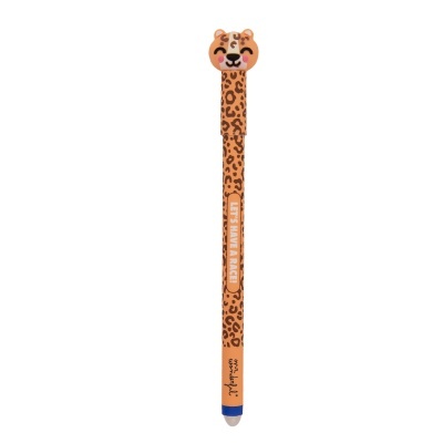 Caneta castanha com padrão de leopardo e tampa com cabeça de leopardo sorridente