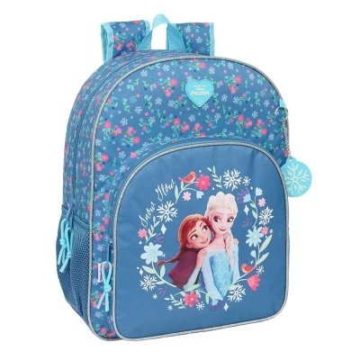 Mochila azul com padrão floral e imagem das personagens de Frozen na bolsa frontal