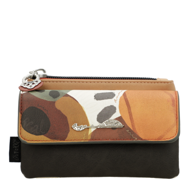 Carteira preta e castanha com padrão abstrato e fecho metálico decorativo