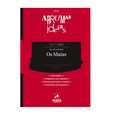 Capa de livro vermelha e preta com texto sobre Os Maias para o 11.º ano