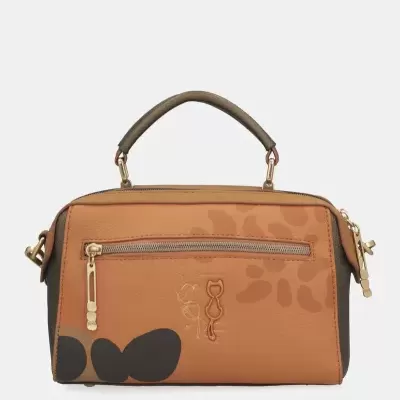 Mala de mão castanha com padrão abstrato e fecho dourado