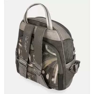 Mochila cinzenta com padrão abstrato e alças acolchoadas