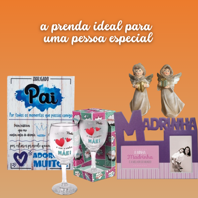 Produtos de presente com temas de Pai, Mãe e Madrinha sobre fundo laranja
