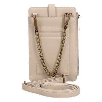 Bolsa pequena bege com alça de corrente dourada e tira longa