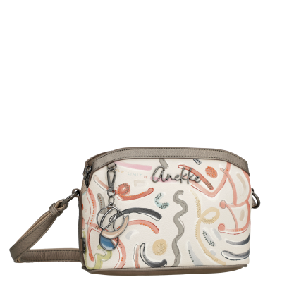 Mala de tiracolo pequena com padrão abstrato colorido e detalhes metalizados