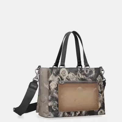 Mala floral com bolso transparente e alças pretas