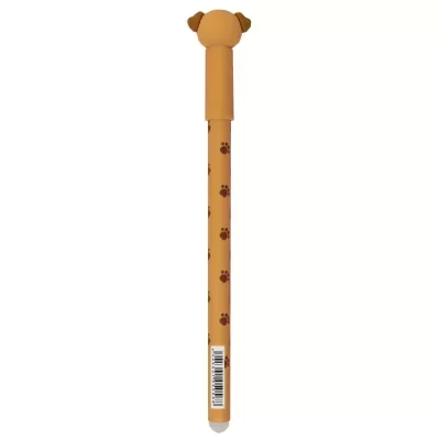 Caneta castanha com tampa em forma de cabeça de cão e padrão de patas