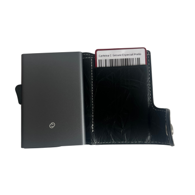 Carteira C-Secure Especial Preto em pele preta com parte metálica cinza