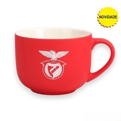 Chávena vermelha com emblema branco do SLB e selo amarelo NOVIDADE