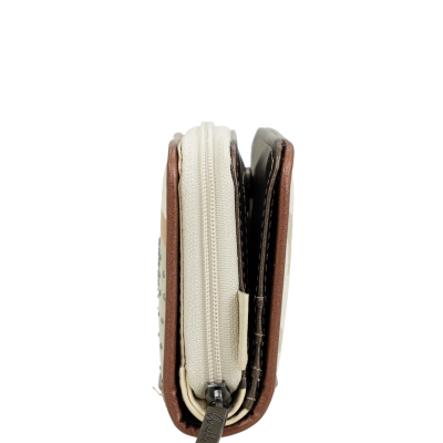 Carteira com fecho zip em tecido bege e detalhes em couro castanho