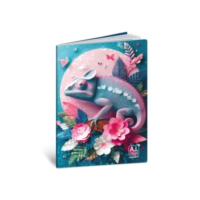 Caderno capa dura com ilustração colorida de camaleão, flores e folhas.