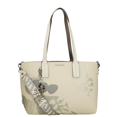 Mala de mão creme com padrão floral e alça larga decorativa.